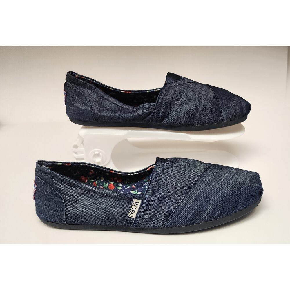 BOBS BY SKECKERS WOMEN'S CLASSIC SLIP-ON DENIM BLUE CASUAL FLAT SHOES SIZE 9.5